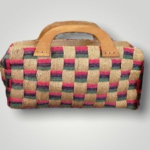 Vintage✨Tri-Color Patterned Straw Handbag with Wood Handles